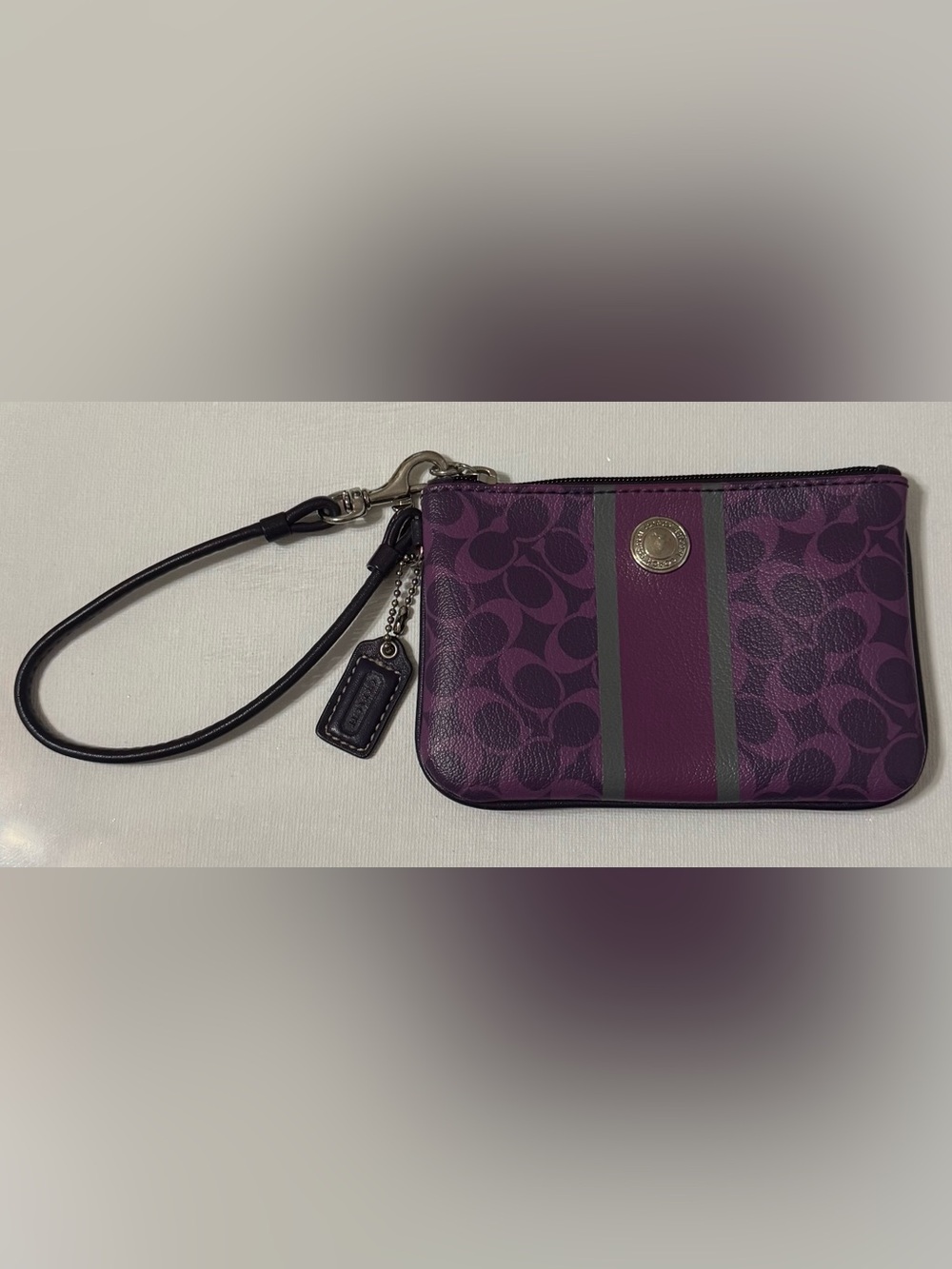 Coach Purple Signature Wristlet with Dark Stripe Accent